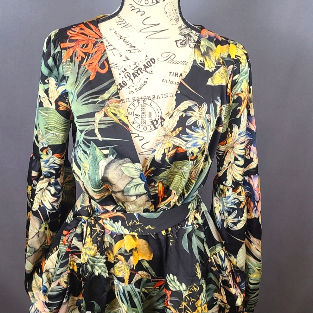 Plunge Neck Floral Flounce Mini Dress